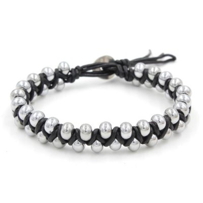 New Fashion hand made Weave silver glass beads leather bracelet, stainless steel buckle