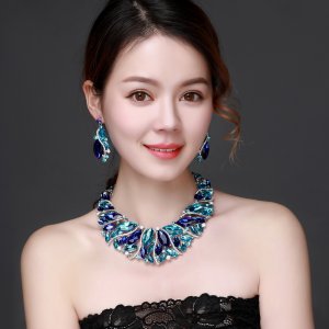 Blue Crystal Rhinestone Crystal Statement Necklace - Luxury Elegant Fashion European Baroque Necklace For Party