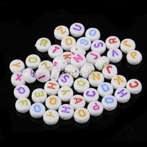 100Pcs Mixed Acrylic Flat Round Disc Alphabet Letter Spacer Beads 7x4mm, white and multi color letter