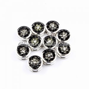 Pave button beads, black flower, silver-plated copper, 10mm , Sold per pkg of 10 pcs