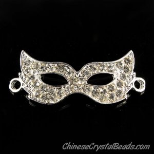 Crystal pave mask, silver plated brass, connector link fit braided bracelet DIY finding, 44x18mm, sold 1 pcs