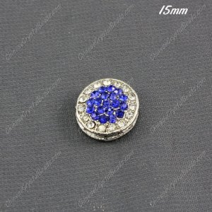 pave coin beads , silver plated, clear and sapphire crystal, 15mm, hole:1.5mm,1 piece