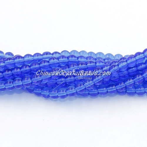 Chinese 4mm Round Glass Beads med sapphire, hole 1mm, about 80pcs per strand