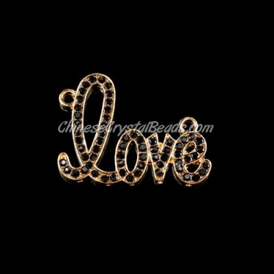 Rhinestone Pave Beads, rose gold-plated, love, 32x42mm, black, sold 1pcs