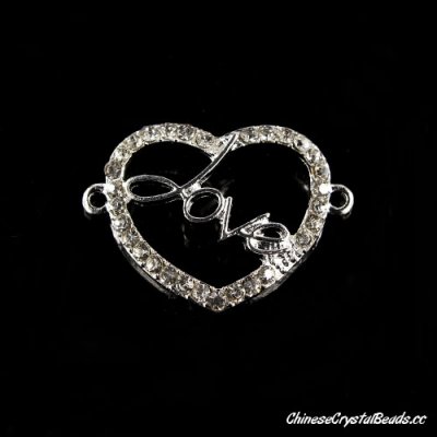 Pave love heart charms, silver pated brass, connector link fit braided bracelet DIY finding, sold 1 pcs