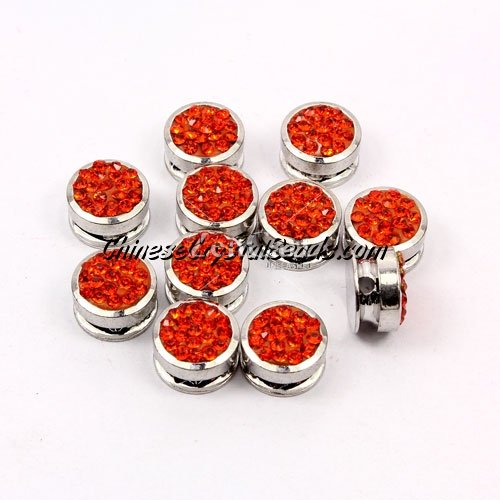 Pave button beads, orange, silver-plated copper, 10mm , Sold per pkg of 10 pcs