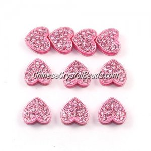 Pave heart beads, alloy, Pink, hole 1.5mm, 6x11x12mm, sold 10pcs
