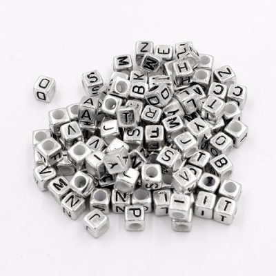100 Pcs Acrylic Mixed silver Alphabet Letter Cube Beads hole:3.8mm, 7x7mm