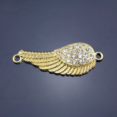 Pave accessories, angel wings, 18x46mm, gold-plated, clear rhinestone, sold 1 pcs