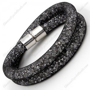 Double wrap Stardust Mesh Bracelet, black mesh and clear Rhinestone, width:8mm