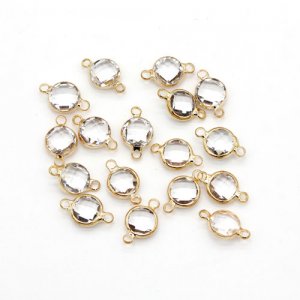 5Pcs 8x14mm clear Round Glass crystal Connecter Bezel pendant, Drops Gold Plated two Loops