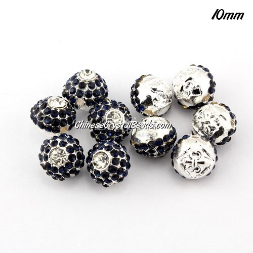 Alloy rondelle Pave disco beads, 10mm, 1.5mm hole, dark blue, sold 10pcs