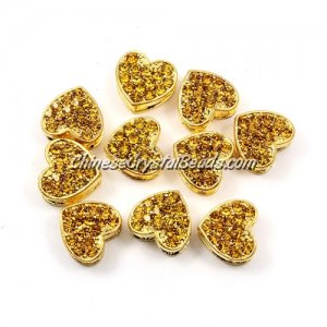 Pave heart beads, alloy, gold, champagne, hole 1.5mm, 6x11x12mm, sold 10pcs