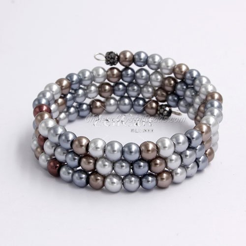 Memory Wire Bracelet, 6mm glass pearl beads, #002