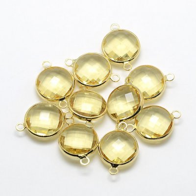5Pcs citrine Round Glass crystal Connecter Bezel pendant, 20x13mm, Drops Gold Plated Two Loops