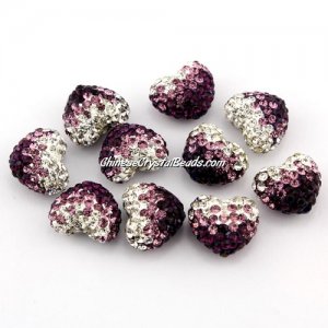 Pave heart beads, clay, 13x15mm, 1.5mm hole, violet gradient, 1pcs