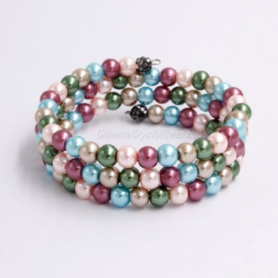 Memory Wire Bracelet, 6mm glass pearl beads, #004