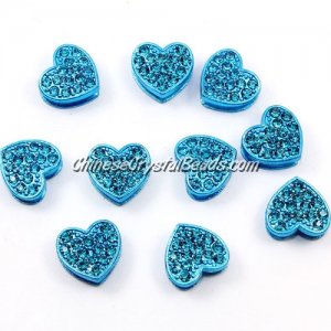 Pave heart beads, alloy, indicolite, hole 1.5mm, 6x11x12mm, sold per pkg of 10pcs
