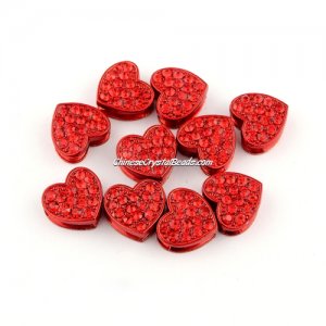 Pave heart beads, alloy, red, hole 1.5mm, 6x11x12mm, sold 10pcs