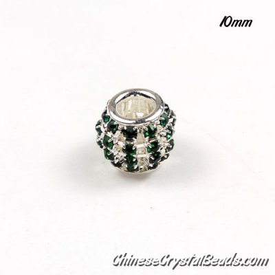 European Beads, Silver Plated, emerald Rhinestone, 10mm, hole: 5mm, per pkg of 10 pcs
