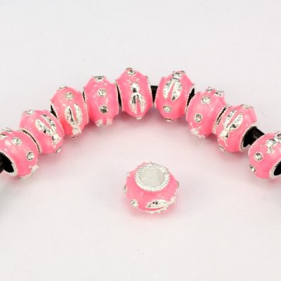 Alloy European Beads, beetle, 9x13mm, hole:6mm, pave clear crystal, pink painting, silver plated, 1 piece