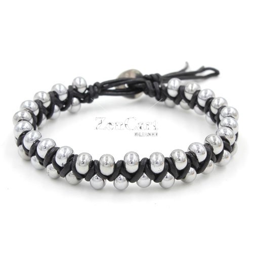 New Fashion hand made Weave silver glass beads leather bracelet, stainless steel buckle