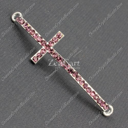 Pave cross Charms, alloy silver plated, 14x50mm, hole: 2mm, purple, 1pcs