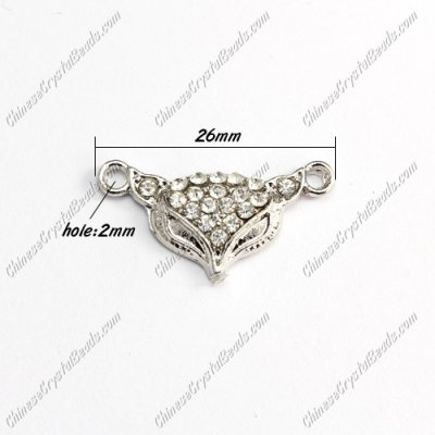 Pave Crystal Links Charms Fox, silver plated alloy, 26mm, 1 pcs