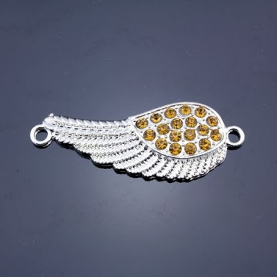 Pave accessories, angel wings, 18x46mm, silver-plated, amber rhinestone, sold 1 pcs