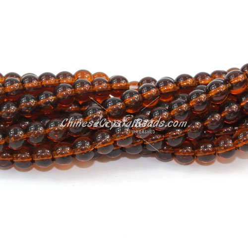 Chinese 6mm Round Glass Beads Dark Amber, hole 1mm, about 54pcs per strand