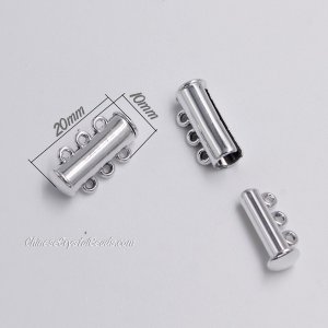 Magnetic Clasps, 3-strand, silver-plated brass, 20x10mm tube. Sold per pkg of 10.