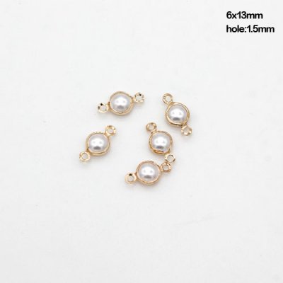 20Pcs 6x13mm Round pearl Connecter Bezel pendant, Drops Gold Plated Two Loops