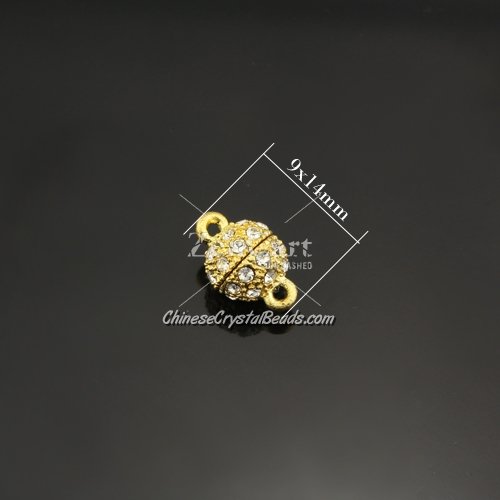 Pave Magnetic Clasps ball, 9x14mm, hole:1.5mm, gold, 10 pcs