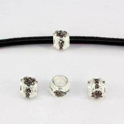 Alloy European Beads, #001, 11x9mm, hole:6mm, pave gunmetal crystal, silver plated, 1 piece