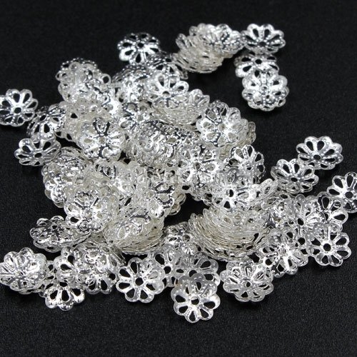 Bead cap, silver plated iron, 7x1mm textured flower with cutouts, fits 8-12mm bead. Sold per pkg of 200.