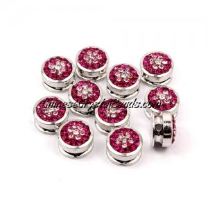 Pave button beads, fuchsia flower, silver-plated copper, 10mm , Sold per pkg of 10 pcs
