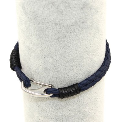 Stainless steel Men's Braided Leather Bracelets Clasp, navy blue
