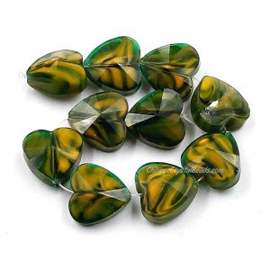 Millefiori 14mm faceted heart Beads dark green yellow 10 beads