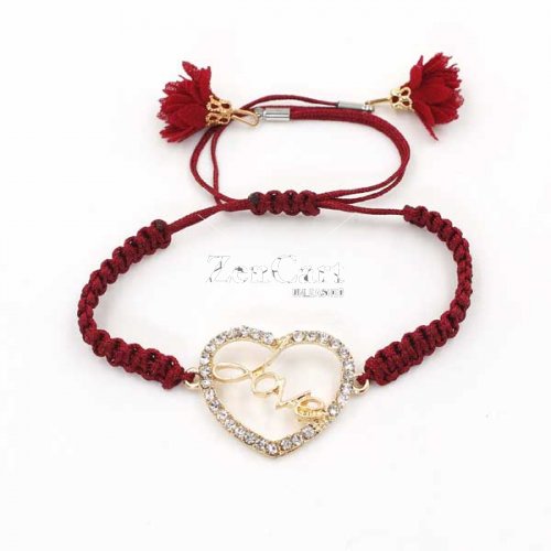 red Woven bracelet pave heart charm #04