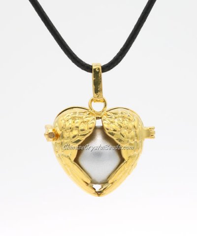 Heart wing Harmony Ball Pendant Women Necklace with 30 inchChain For Pregnant Women, gold plated brass, 1pc