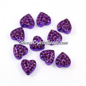 Pave heart beads, alloy, violet, hole 1.5mm, 6x10x10mm, sold per pkg of 10pcs