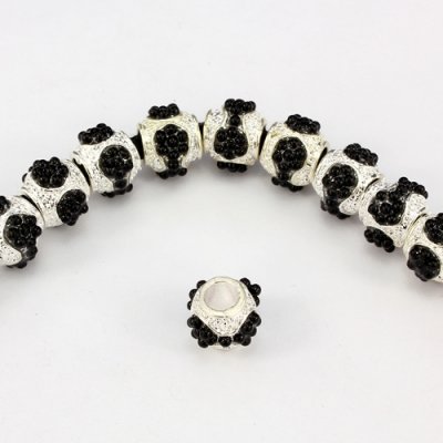 Alloy European Beads, #002, 10x13mm, hole:5mm, pave black bead, silver plated, 1 piece