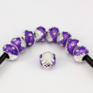 Alloy European Beads, rondelle, 9x13mm, hole:6mm, pave clear crystal, purple painting, silver plated, 1 piece