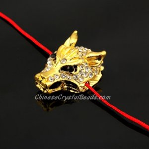 pave crystal Wolf head charms, 30x22x12mm, hole: 2mm, gold plated, 1 piece
