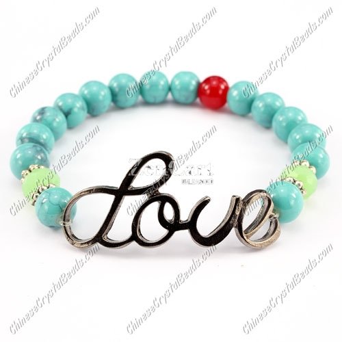 Fashion Glass beads bracelet, love charm, Stretchable fit. 8mm beads