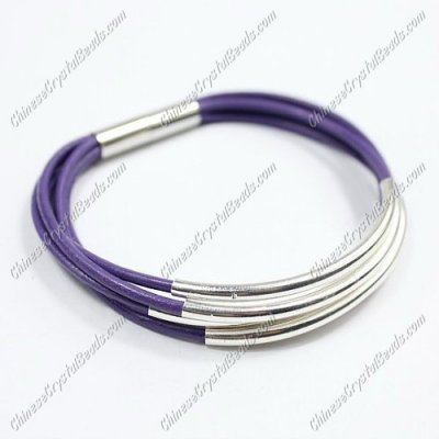 Silver Plated tubes bracelet, Violet leather bracelet, silver plated magnetic clasp