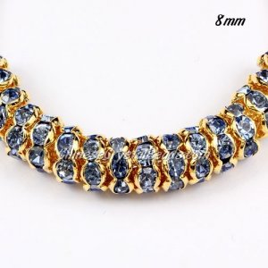 8mm Rondelle spacer, waviness, gold plated, lt-sapphire #Crystal Rhinestone, hole 1.5mm, 50 piece