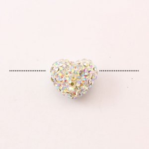 Pave heart beads, clay, 13x15mm, 1.5mm hole, white AB, 1pcs