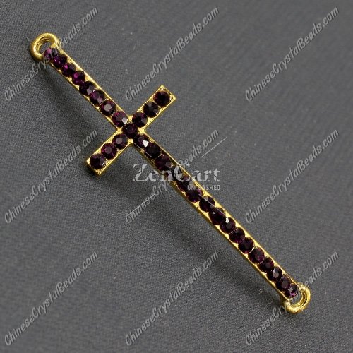 Pave cross Charms, alloy gold plated, 14x50mm, hole: 2mm, violet, 1pcs