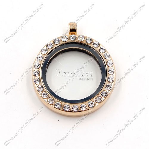 Round Glass Floating Lockets Memory Locket, 30mm, rose gold plated, pave crystal Rhinestone, Magnetic clasp, 1 piece